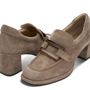 Vaneli Taupe Suede Loafers with Buckle Detail